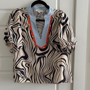 THML Beige and Black Swirl Blouse with Light Blue and orange Accents